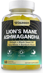 Ashwagandha Gummies - Lions Mane Gummies, Ashwagandha Lion's Mane Supplement with Shilajit, Sea Moss, Black Seed Oil for Adults - Energy, Cognitive & Immune Support