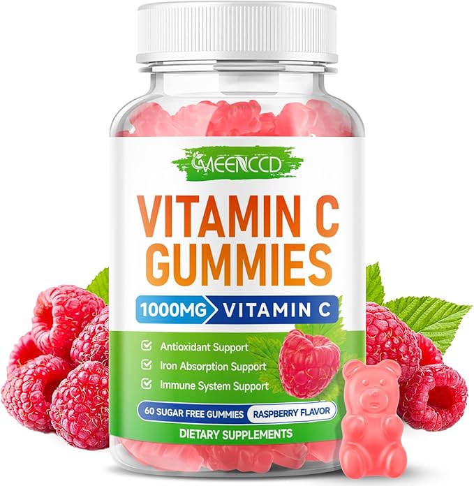 MEENCCD Organic Vitamin C Gummies for Adults, Chewable Vitamin C Gummies with Zinc for Antioxidant Support, Vegan, Non-GMO, Sugar-Free, Raspberry Flavor, 60 Count