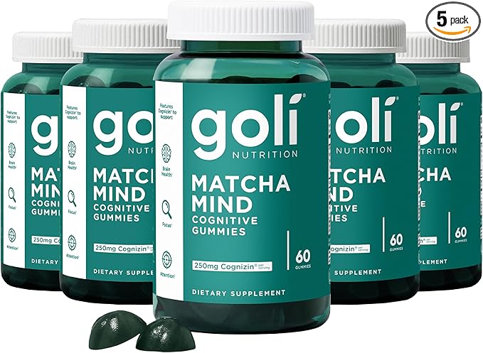 Goli Matcha Mind Gummies - 5 Pack - Green Tea Leaves Powder with Cognizin for Focus, Attention and Brain Health, Vegan, Non-GMO, Gluten-Free & Gelatin Free - 300 Count