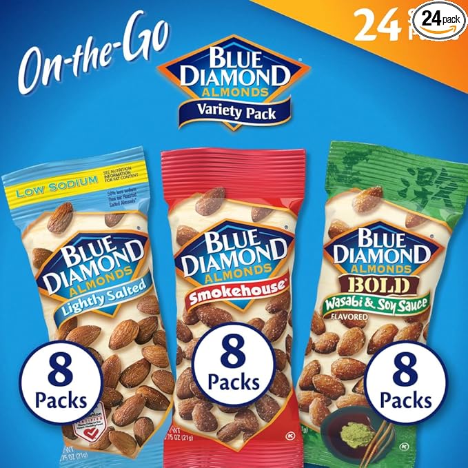 Blue Diamond Almonds Snack Nut Variety Pack for Kids, Office, School, On-the-go, 0.75 oz Gluten Free Individual Packs, Wasabi & Soy Sauce, Lightly Salted, and Smokehouse (Pack of 1,24 Count Total)