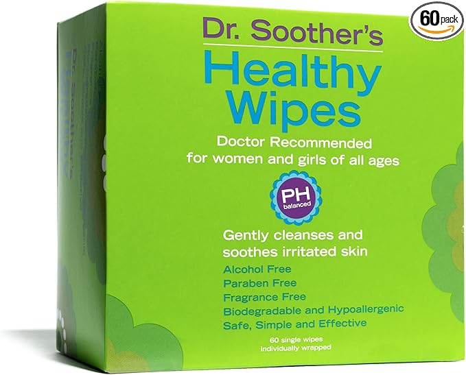 Dr. Soother's Healthy Wipes - PH Balanced Feminine Hygiene, Unscented, Hypoallergenic, Alcohol & Fragrance Free - 60 Individually Wrapped Cleansing Wipes for Women & Girls