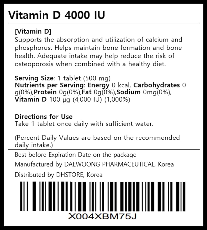 Vitamin D 4000 IU Tablets by Daewoong, High Potency Vitamin D3 Supplement for Daily Support, Easy-to-Swallow Mini Tablets, 30-Day Supply, Non-GMO, Gluten-Free, Made in Korea
