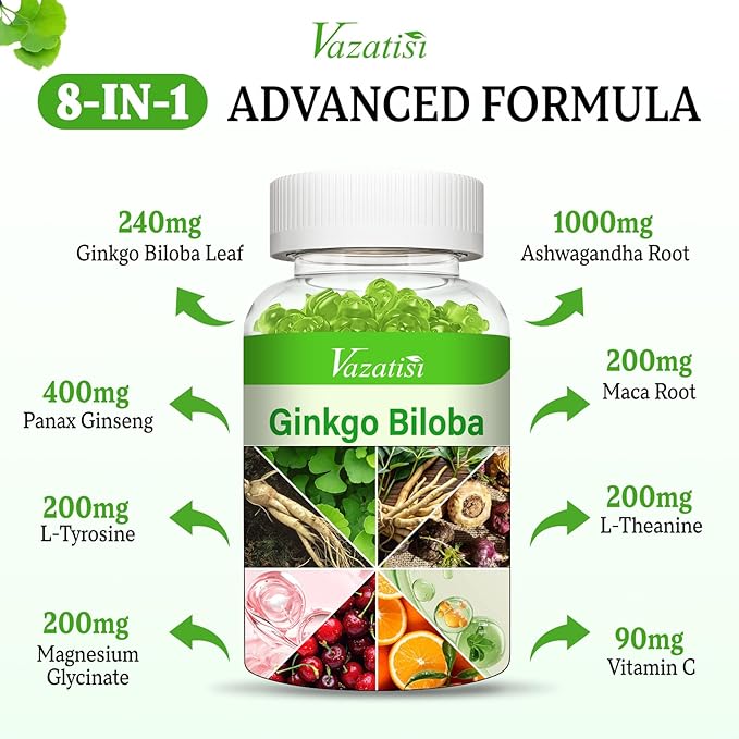 2 Pack Ginkgo Biloba Gummies 240MG with Panax Ginseng for Better Mood and Focus, Booster Brain Health, 120 Vegan Apple Flavor Gummies