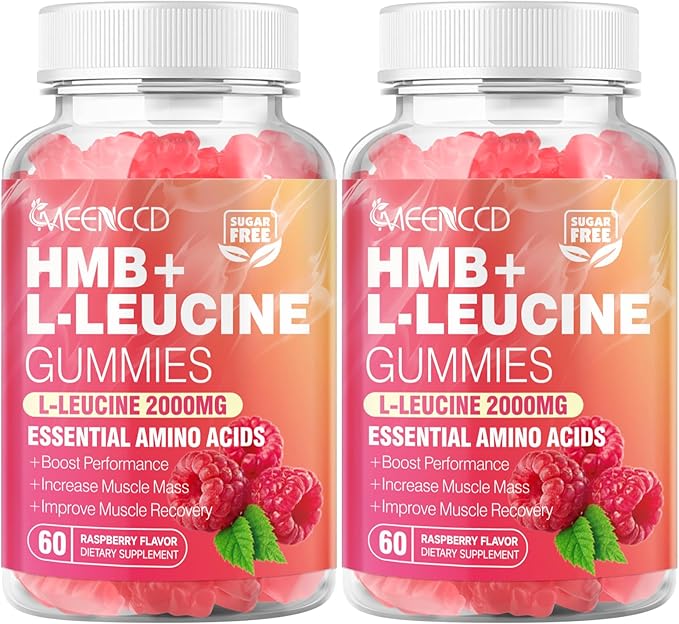 MEENCCD 2 Pack HMB and L-Leucine Gummies, HMB and Leucine Amino Acid for Muscle Growth, Muscle Maintenance, and Muscle Function, for Men & Women, Sugar-Free, Raspberry Flavor, 120 Count
