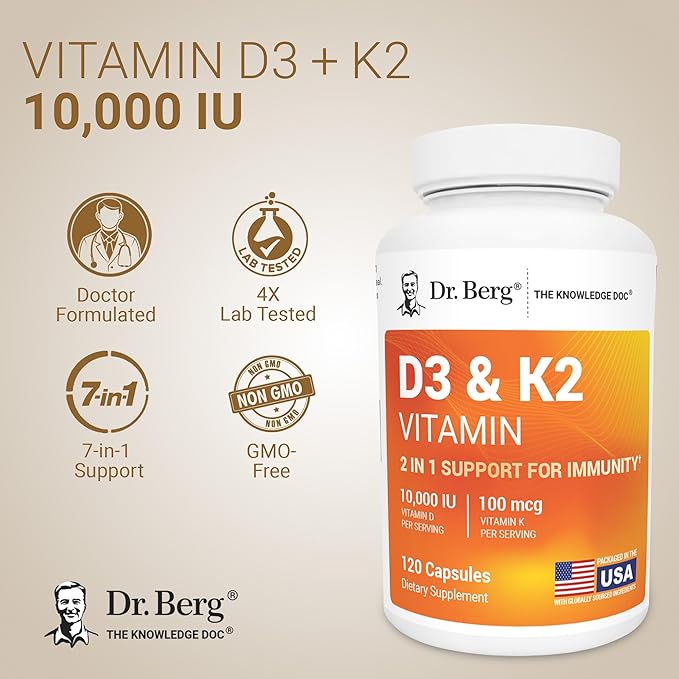 Dr. Berg Maximum Strength 2-in-1 Vitamin D3 K2 10,000 IU | Naturally Derived D3 | 4X Lab-Tested & Verified | High Absorption Formula | K2 D3 Vitamin Supplement - 120 Capsules
