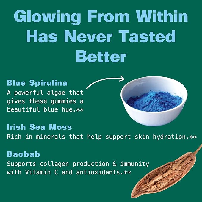 Kuli Kuli Sea Moss & Blue Spirulina Superfood Gummies - Pineapple Colada Flavor, 60 Count - Plant-Based Irish Sea Moss with Baobab & Vitamin C for Skin Glow, Immune Support & Collagen (1 Month Supply)