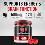 Vitamin B1 Gummies – Sugar-Free Thiamine Supplement with CoQ10 & Magnesium – B1 Gummies for Adults – 120 Gummy Supplement, 2-Month Supply