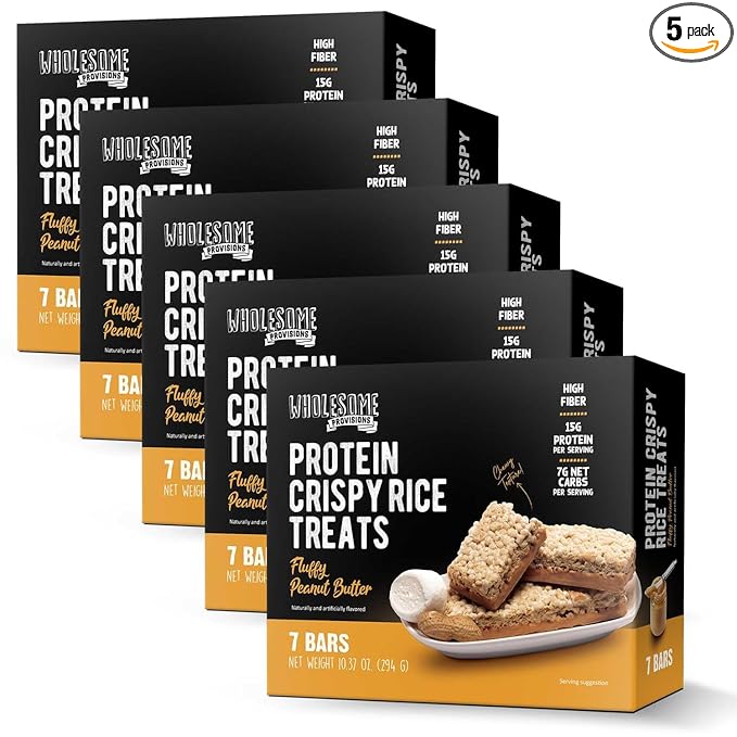 Protein Crispy Rice Treats, 15g Protein, 3g-7g Net Carbs, Low Carb, Fluffy, Soft, Chewy, Gluten Free, High Fiber, Keto-Friendly, No Aftertaste (Fluffy Peanut Butter, 5 Pack)