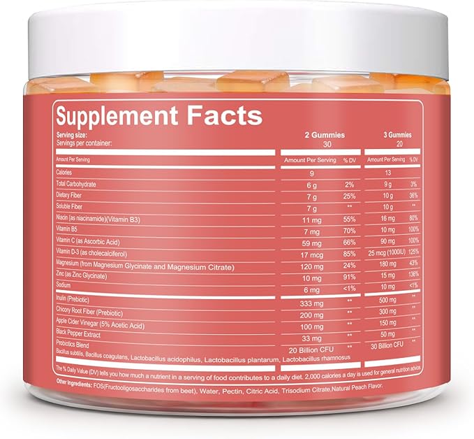 Migcopat 10G Fiber Gummies for Adults with Vitamins C, D, B3, B5 - Digestive & Gut Health Gummies with 30 Billion CFU Probiotics Blend, Inulin, ACV, Magnesium, Zinc, Support Digestive Health, 60 Cts