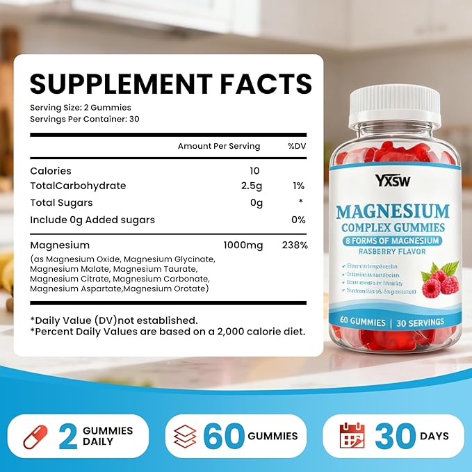 Magnesium Complex Gummies 8 Elemental 1000mg - Magnesium Glycinate, Citrate, Malate, Taurate, Supports Bones, Muscle, Nerve Health, for Women & Men, Vegan Non-GMO, Raspberry Flavor, 60 Count