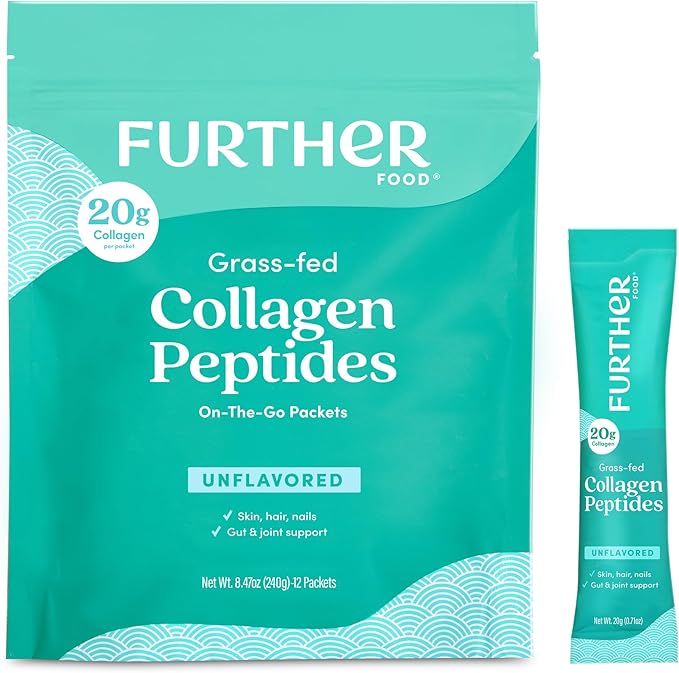 Further Food Unflavored Collagen Peptides Powder - 100% Grass-Fed, Hydrolyzed Type 1 & 3, 20g of Collagen per Serving, Supports Skin, Hair, Nails & Joints, Stick Packs 8.47 Oz
