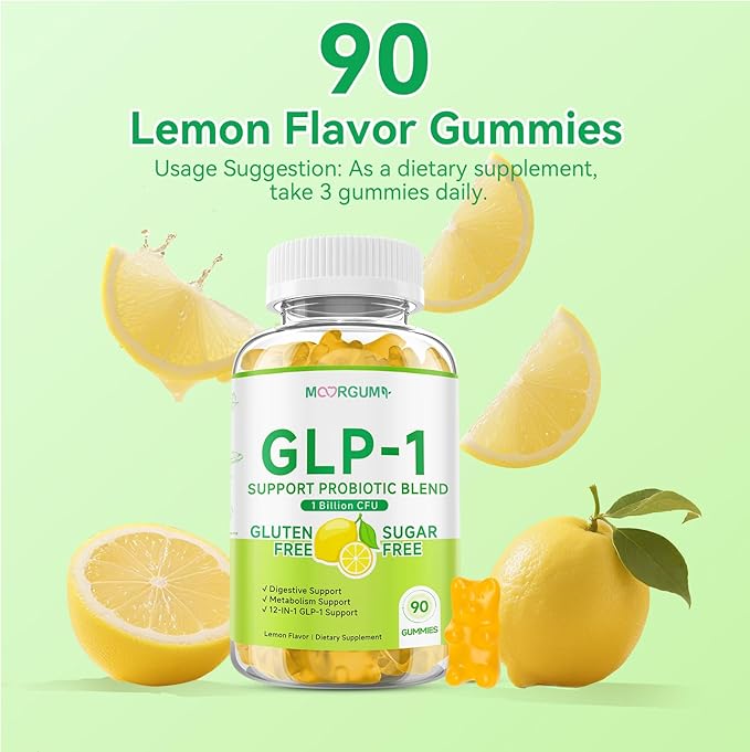 GLP-1 Support Probiotic Blend Gummies 90 Count, with Berberine, Cinnamon, Zinc, Inulin, 1 Billion CFU, 5 Probiotic Strains-1500mg Glp1 Support Blend Supplements, Gut Health, Digestive Wellness, Lemon
