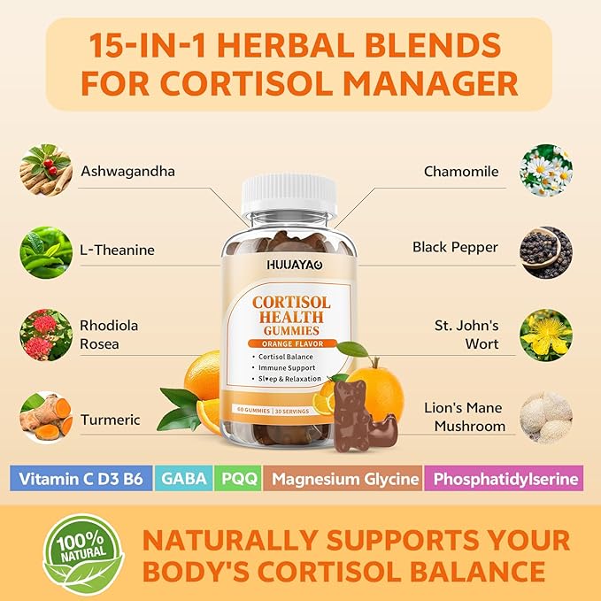 15-in-1 Cortisol Gummies, Cortisol Supplements with Magnesium Glycinate Ashwagandha Rhodiola Rose and L-theanine Complex for Relaxation, Zzz Support and Cortisol Levels, Orange Flavor, 120 Count