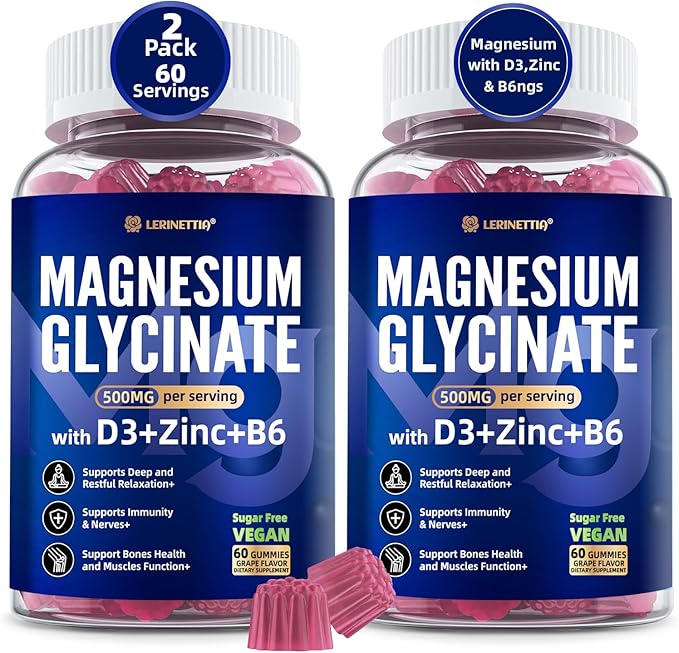Magnesium Glycinate 500mg/250mg for Adults Teens - Plus D3,B6 & Zinc - Magnesium Glycinate Gummies,High Absorption - Support for Relaxation,Brain,Bone & Immunity Health - Sugar Free - 120Cts