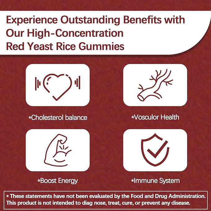 Premium Red Yeast Rice with CoQ10 Gummies for Heart & Cholesterol Support | Sugar Free, Strawberry Flavor | 60 Gummies (30 Day Supply) | Vegan, Non-GMO