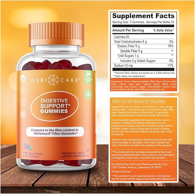 GeriCare Prebiotic Digestive Support, Gummies Compare to Metamucil Fiber Gummies, Berry Flavor, 72 Count, Plant-Based Fiber for Gut Health, Non-GMO, Gluten-Free, Vegan, Fiber Supplement (2 Pack)