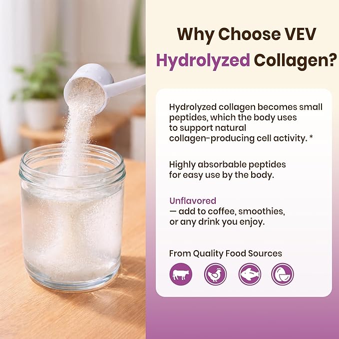 VEV Multi Collagen Peptides Powder, 16 oz (41 Servings) – Type I, II, III, V, X, Hydrolyzed Collagen, Hyaluronic Acid, Biotin, Vitamin C, Supports Skin, Unflavored, Dissolves Easily