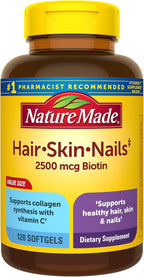 Nature Made Hair Skin and Nails with Biotin 2500 mcg, Dietary Supplement For Healthy Hair Skin and Nails Support, 120 Softgels, 120 Day Supply