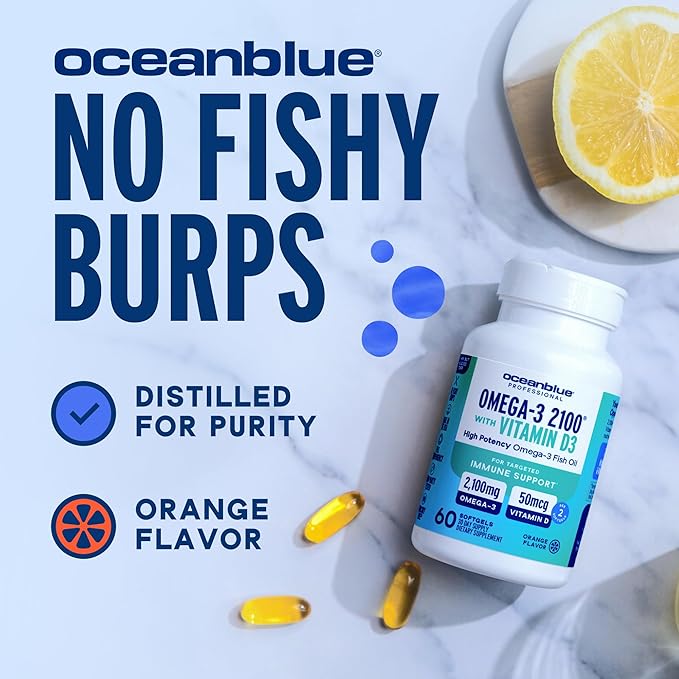 Oceanblue Professional Omega-3 2100 with Vitamin D3 – 120 ct – Triple Strength Burpless Fish Oil Supplement with High-Potency EPA, DHA, DPA and Vitamin D3 – Wild-Caught – Orange Flavor (60 Servings)