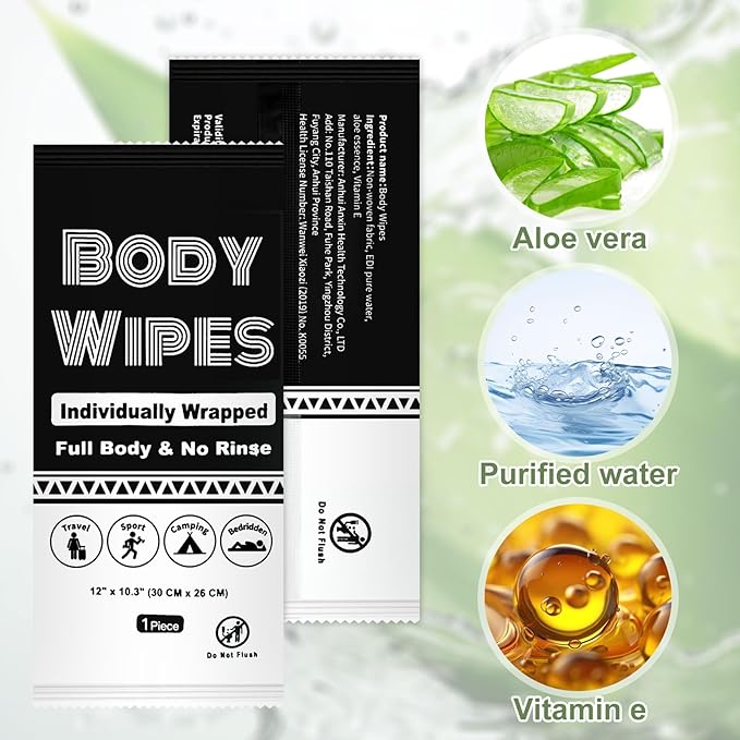 Individually Wrapped Body Wipes Bulk Bath Wipe, Women Men Large Adult Disposable Body Shower Wipes No Rinse-Free Bathing Cloths Wipe for Outdoors After Gym Camping Travel (200, Black, 12 x 10.3 in)