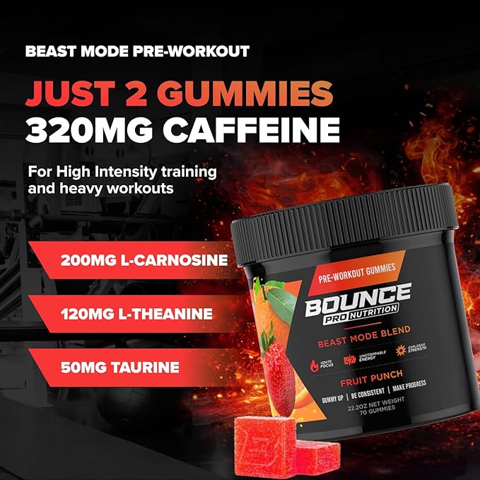Bounce Pro Pre Beast Mode Workout Gummies with Caffeine, Beta-Alanine & L-Tyrosine for Energy, Focus & Training Intensity (70 Count (Pack of 1), Fruit Punch)