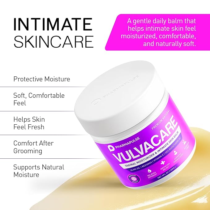Pharmapulse Organic Vaginal Moisturizer, Vulva Balm Cream, Intimate Skin Care, Menopause Support - Relieves Dryness, Itching, Burning, Redness, Chafing, Odor, Irritation - Estrogen Free 4oz