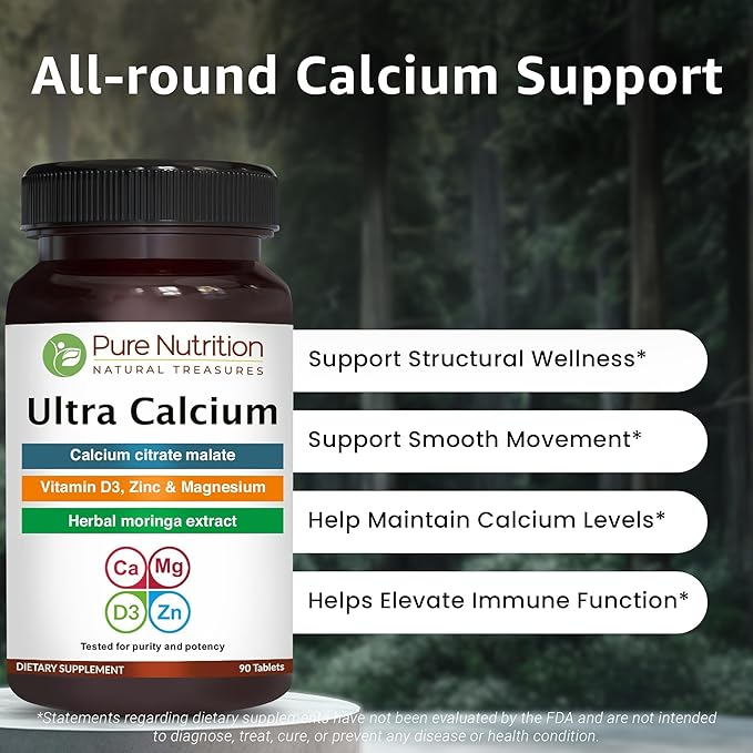 Pure Nutrition Ultra Calcium 1000mg with VIT D3 + K2 | 180 Tabs (90 X Pack of 2) | Calcium Supplement with Calcium Citrate Malate, VIT D3, K2, Moringa Oleifera, Magnesium and Zinc.