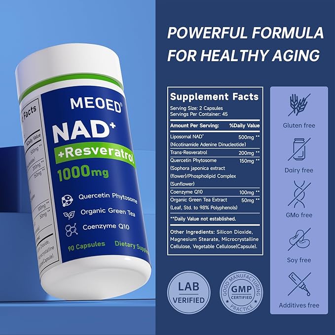 Liposomal NAD+ Resveratrol Supplement 1000mg Extra Strength with Trans Resveratrol, CoQ10, Quercetin and Organic Green Tea for Women and Men, Cellular Health, Energy Levels, 90 Vegan Capsules