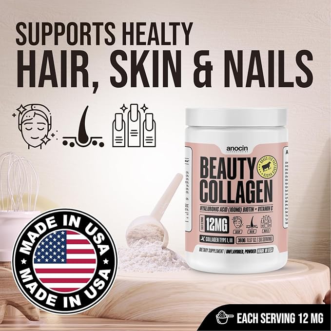 anocin Beauty Collagen Peptides Powder – Hydrolyzed Type I & III, Grass-Fed, Unflavored – Supports Skin, Hair & Nails with Hyaluronic Acid + Vitamin C – Dissolves Easily – 20 g Collagen per Serving
