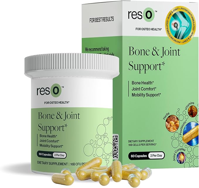 resO Bone & Joint Postbiotic for Women & Men - Natural Glucosamine & Chondroitin Supplement, Joint Health Support, Formula with Boswellia, MSM, & Vitamin D3, Gluten Free, Non GMO - 60 Capsules