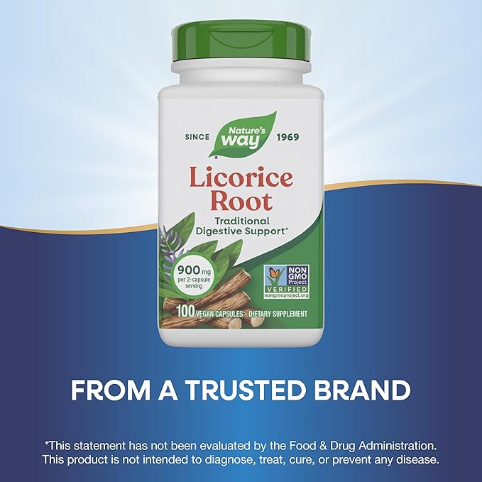 Nature's Way Licorice Root, Traditional Digestive Support Supplement*, 900 mg per 2-Capsule Serving, Non-GMO Project Verified, 100 Vegan Capsules (Packaging May Vary)