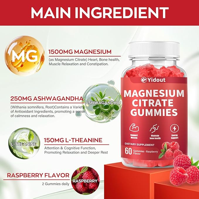 High Absorption Magnesium Gummies for Adults，Magnesium Supplement for Muscle, Nerve, Bone and Heart Support, Vegan, Non-GMO，Raspberry Flavor (60 Count（Pack of 1）)