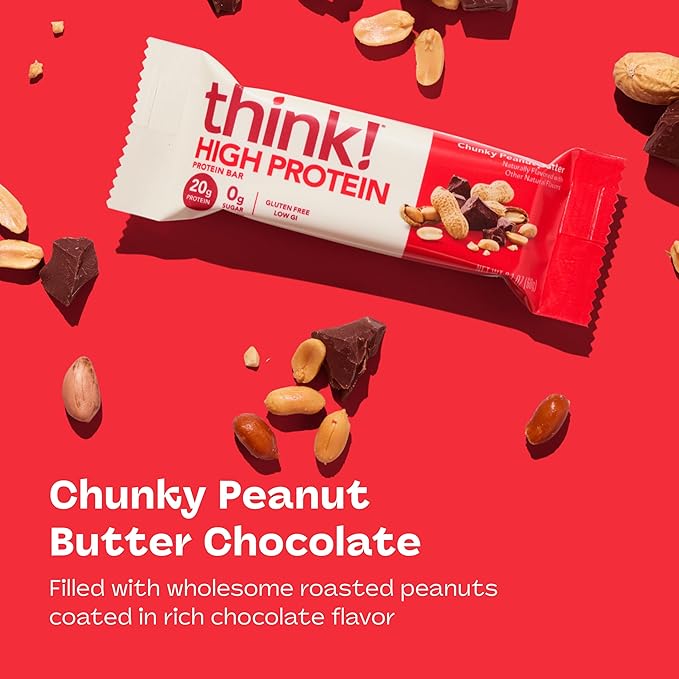 think! Protein Bars, High Protein Snacks, Gluten Free, Kosher Friendly, Chunky Peanut Butter, Nutrition Bars, 2.1 Oz per Bar, 10 Count (Packaging May Vary)