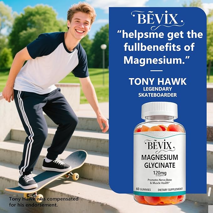 High Absorption Magnesium Glycinate Gummies for Adults & Kids, BEVIX 120mg Magnesium Supplement | 60 Count | Supports Relaxation, Nerve, Muscle & Bone Health | Vegan, Gluten Free, Non-GMO