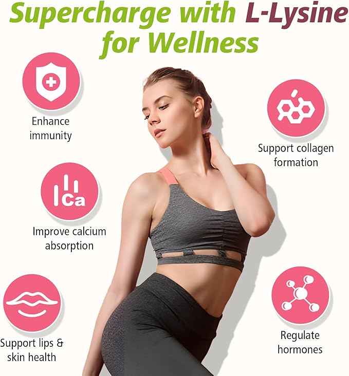 L-Lysine Gummies 1000mg, 7-in-1 Lysine Gummies for Adults & Kids, Essential Amino Acid with L-Arginine, L-Glutamine, Vitamin for Lip & Skin, Immune, Calcium Absorption, Strawberry Flavor, 60Ct