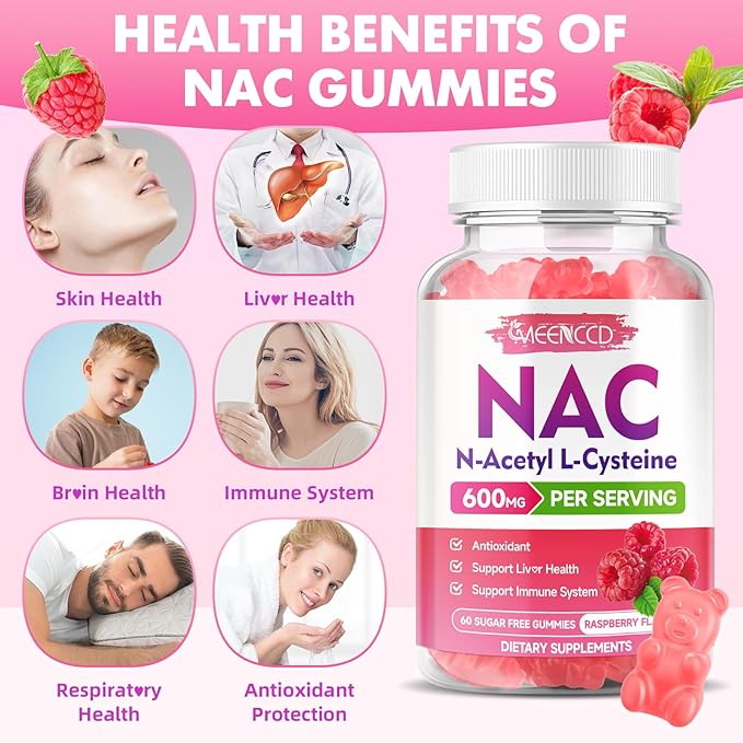 MEENCCD NAC Gummies, N Acetyl Cysteine 600mg, NAC Supplement for Antioxidants & Immune Support, Sugar-Free, Natural Raspberry Flavor, 60 Count