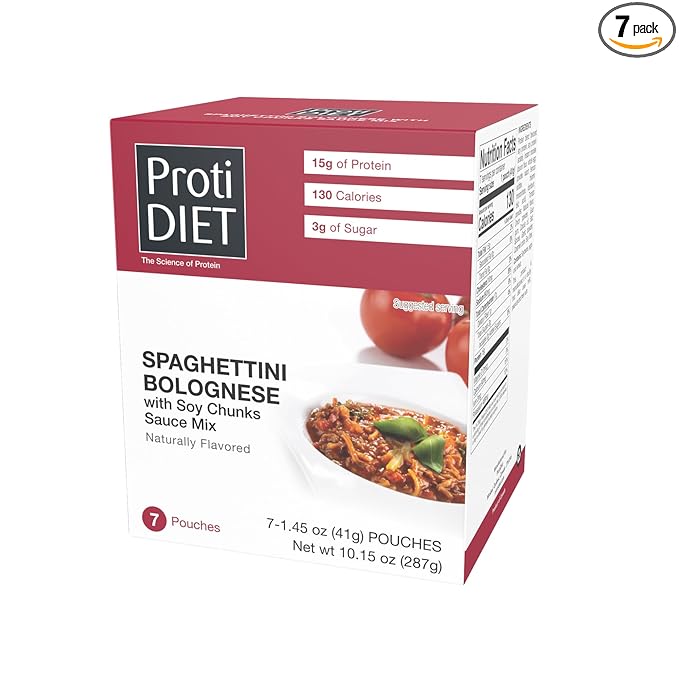 ProtiDIET High Protein Spaghettini Bolognese with Soy Chunks Sauce Mix, Low Fat, Low Sugar, Quick and Easy-to-Prepare Microwavable Protein Pasta to Support an Active Lifestyle -7 Pouches Per Box