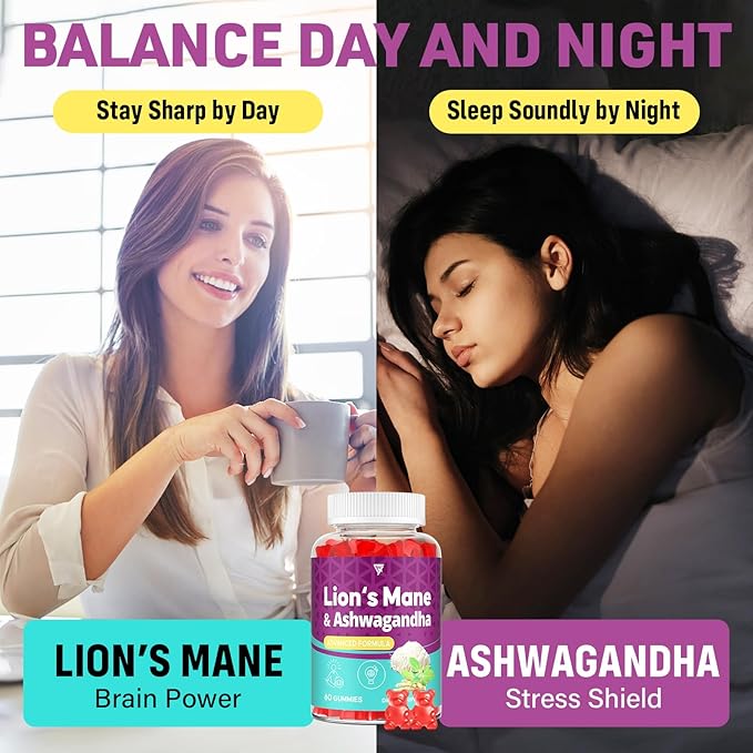 Organic Ashwagandha Gummies & Lions Mane Gummies with 4 Adaptogens| Brain Supplements for Memory and Focus, Stress, Energy, Immune, Sleep| Cortisol Supplements for Women & Men| Berry Flavor, 60 Counts