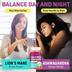Organic Ashwagandha Gummies & Lions Mane Gummies with 4 Adaptogens| Brain Supplements for Memory and Focus, Stress, Energy, Immune, Sleep| Cortisol Supplements for Women & Men| Berry Flavor, 60 Counts