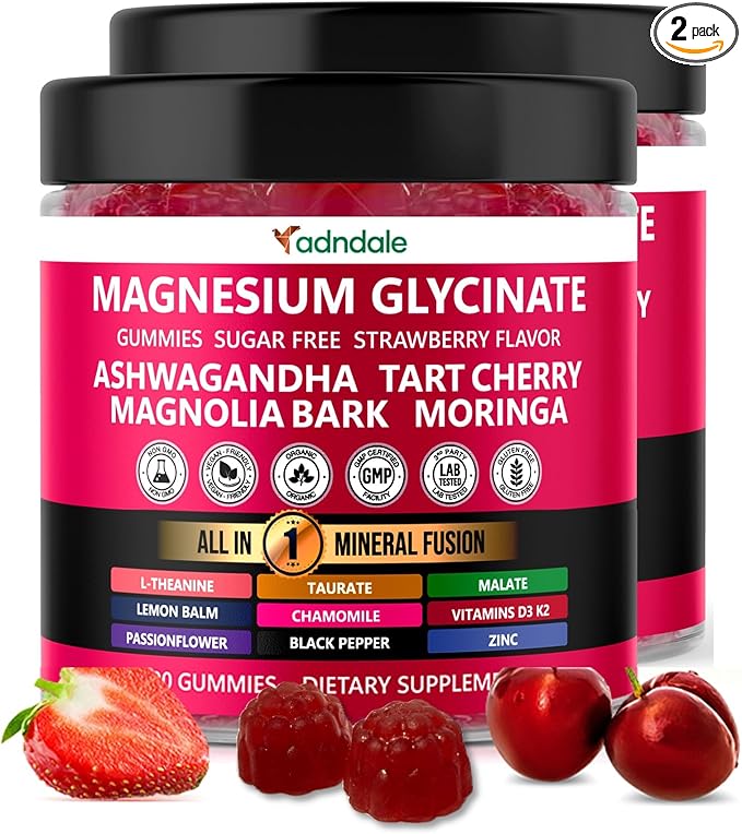Adndale Magnesium Glycinate 400 mg Gummies with Ashwagandha, Magnesium Malate & Taurate, Tart Cherry, Magnolia Bark, Lemon Balm, Passionflower, Chamomile, L-Theanine, Zinc, Vitamin K2 & D3. 180CT