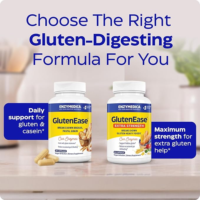 Enzymedica GlutenEase Extra Strength, Advanced Gluten Digestive Enzymes for Women and Men, Fast-Acting Formula for Bloating Relief & Digestive Health, 60 Capsules