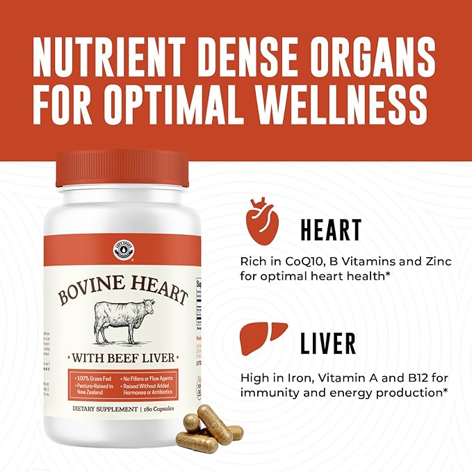 Left Coast Performance Grass Fed Beef Heart and Liver Supplement – Pasture-Raised in New Zealand, No Fillers or Flow Agents – Natural CoQ10 & Iron Support - Beef Organ Supplement – 180 Capsules