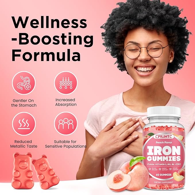 Iron Supplement for Women - Iron Gummies with Vitamin B6, B12, C, Zinc, Folate for Adults & Kids - Support Blood Builder, Iron Deficiency, Anemia, Energy Boost - Sugar Free 60ct Peach Flavor