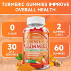 Turmeric Gummies 1000mg, Organic Turmeric Curcumin Supplement with Black Pepper for Immune & Muscle Support, Sugar-Free/Vegan/Gluten-Free, Strawberry Flavor 60 Count