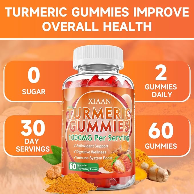 Turmeric Gummies 1000mg, Organic Turmeric Curcumin Supplement with Black Pepper for Immune & Muscle Support, Sugar-Free/Vegan/Gluten-Free, Strawberry Flavor 60 Count