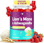 Organic Ashwagandha Gummies & Lions Mane Gummies with 4 Adaptogens| Brain Supplements for Memory and Focus, Stress, Energy, Immune, Sleep| Cortisol Supplements for Women & Men| Berry Flavor, 60 Counts