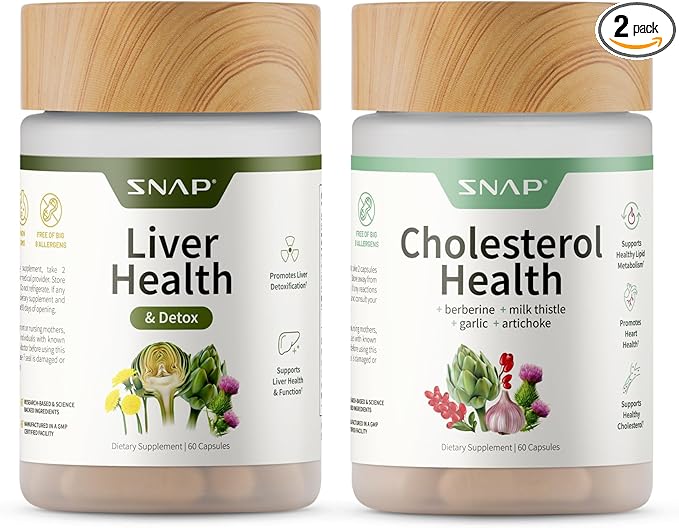 Snap Supplements Liver Health & Cholesterol Health Supplement Bundle with Milk Thistle, Resveratrol, Dandelion to Support Liver, Digestive and Metabolic Health, 60 Capsules Each (30-Day Supply)