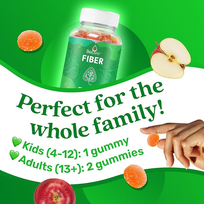 BeLive Fiber Gummies - Prebiotic Fiber Supplement with Chicory Root & Inulin for Digestive Support & Overall Gut Health I Vegan, Sugar Free Gummies for Adults & Children | 60 Ct - Apple Flavor