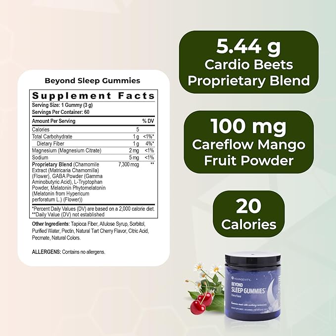 Youngevity Beyond Sleep Gummies – Plant-Derived Melatonin, GABA, L-Tryptophan, Chamomile – Supports Restful Sleep and Relaxation – Tart Cherry Flavor – 60 Vegan, Sugar-Free Gummies