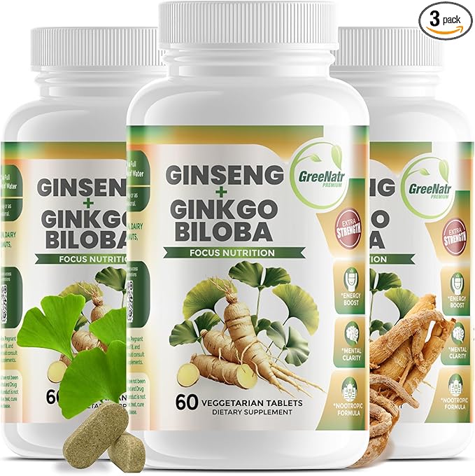 GreeNatr Ginko Biloba & Panax Ginseng Supplement - Red Ginseng Brain Supplement for Memory and Focus - Ginkgo Biloba Supplements for Good Vision, Immune System and Improved Blood Flow - 3 Bottles